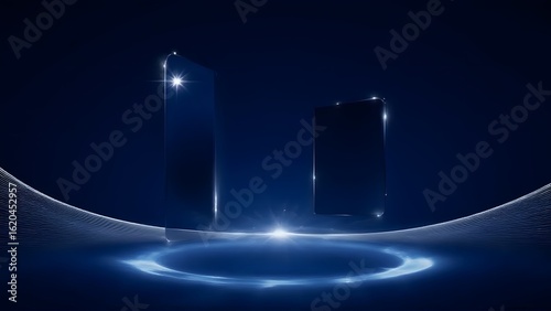 Two smartphones on an animated futuristic surface with lights