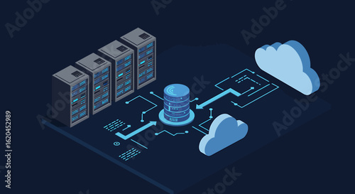 Isometric illustration depicting server racks, a central database, and cloud computing elements, connected by data pathways.