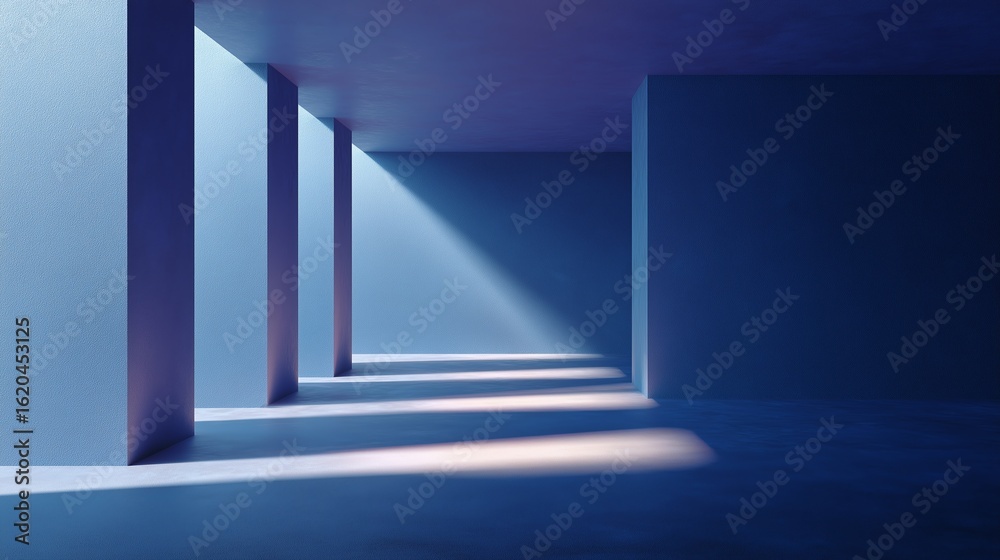 Obraz premium Light casts soft shadows in a minimalist room with blue walls and geometric architecture creating a calm atmosphere