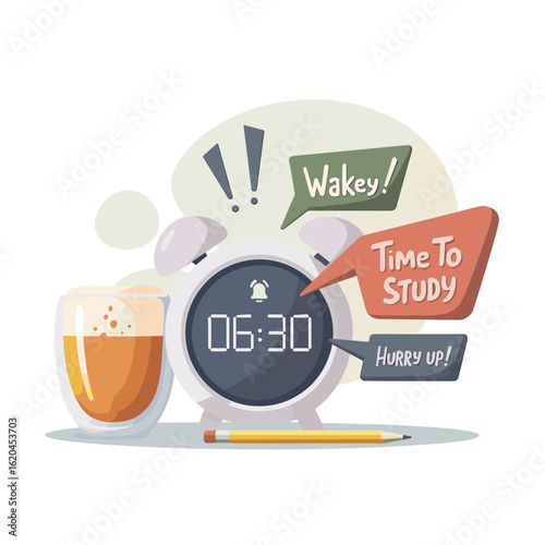 Alarm clock reminding to study with a glass of coffee on table  