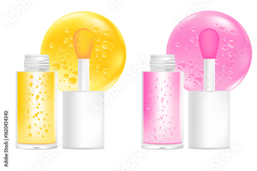 Make up lip gloss oil mockup isolated, transparent background, moisturizing yellow, pink liquid lipstick 3d plastic tube vector packaging bottle, brush with clear swatch droplet. Beauty treatment.