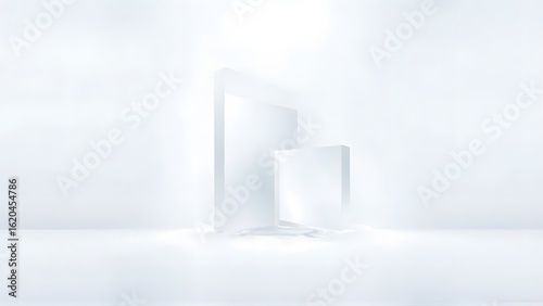 Two white boxes in foggy room with lights