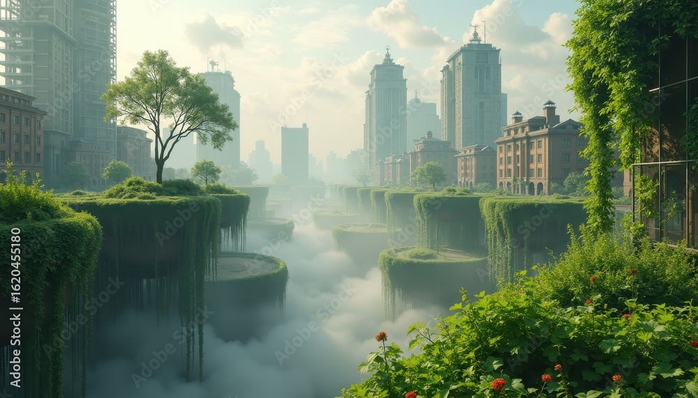 Fototapeta premium Futuristic Cityscape with Lush Greenery and Misty River Views Under Clear Blue Sky in a Modern Urban Landscape