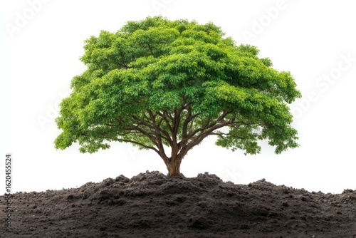 Green leafy tree standing on a mound of soil against a plain white background showcasing nature's beauty