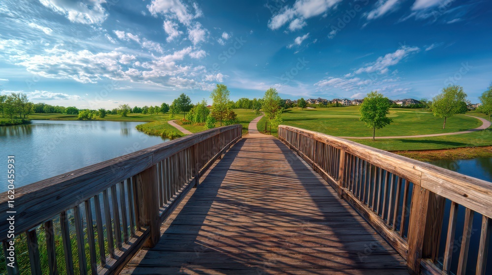 Obraz premium A wooden bridge over a lake in an American park, with green grass and trees on both sides