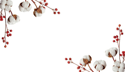 Autumn cotton and red berry botanical corner border design on transparent background, minimal and elegant floral frame for seasonal greeting cards and invitations