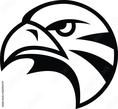 Fierce hawk head profile, a monochrome falcon mascot for a sports logo. A powerful bird of prey vector illustration emblem.