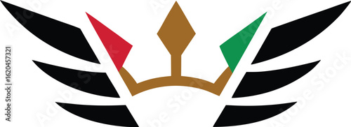 Regal vector emblem featuring a gold crown and black wings. This unique graphic design, identifier, is ideal for a powerful identity.