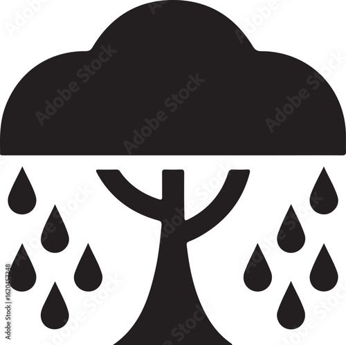 Rain Tree Silhouette Vector Icon, Stylized Tree with Raindrops in Black, tree symbol icon.