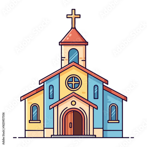Flat design of a Catholic church, with a cross on the tower and an open wooden door. Vector flat design cartoon. AI generated images.