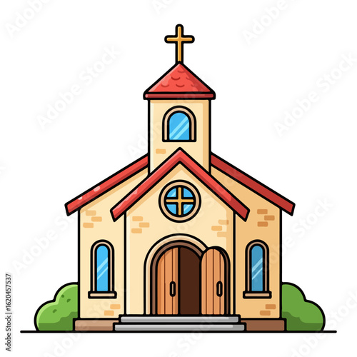 Flat design of a Catholic church, with a cross on the tower and an open wooden door. Vector flat design cartoon. AI generated images.