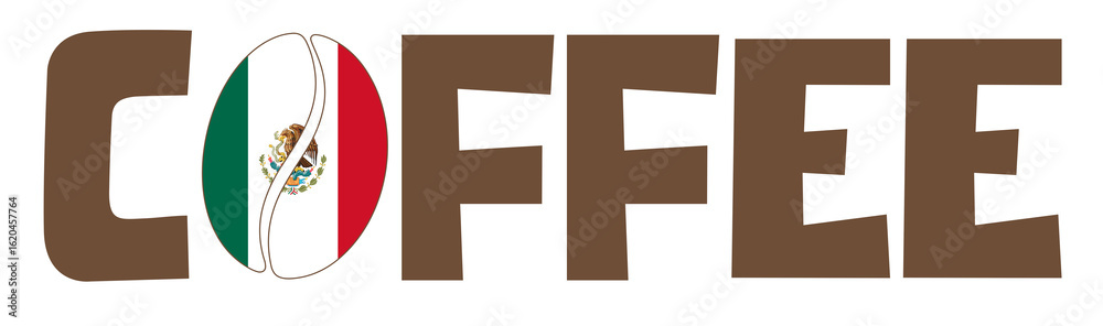 Obraz premium Word coffee with Mexican flag inside coffee bean on white background, patriotic design for coffee