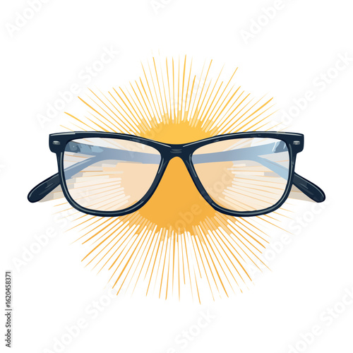 Stylish eyeglasses illustration on a sunburst background for design projects and vision themes
