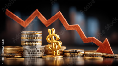 Stacks of mixed coins sit beneath a jagged red arrow, illustrating financial downturn and market volatility.
