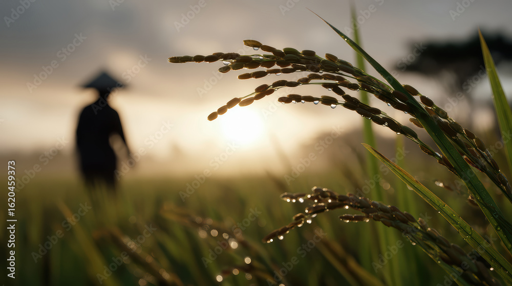 Fototapeta premium Sunset rice harvest worker in lush green field droplets on stalks serene landscape view