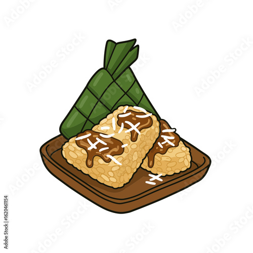 Delicious Lupis, drizzled with sauce, served on a small brown tray, alongside a ketupat.