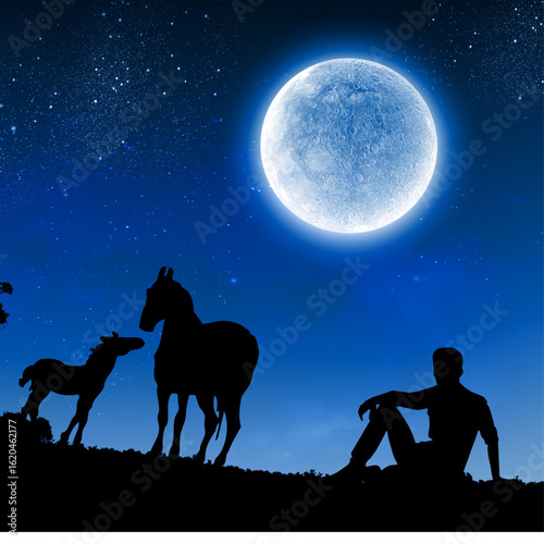 landscape night man and horse silhouette 