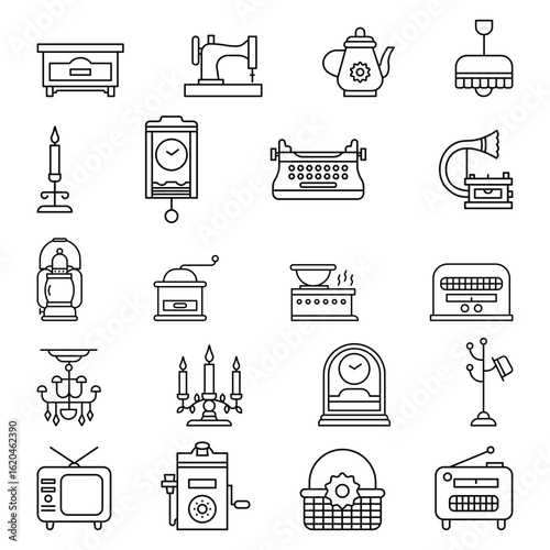 Vintage antique retro household item old technology home decorative furniture appliance lighting communication tool icon vector illustration.
