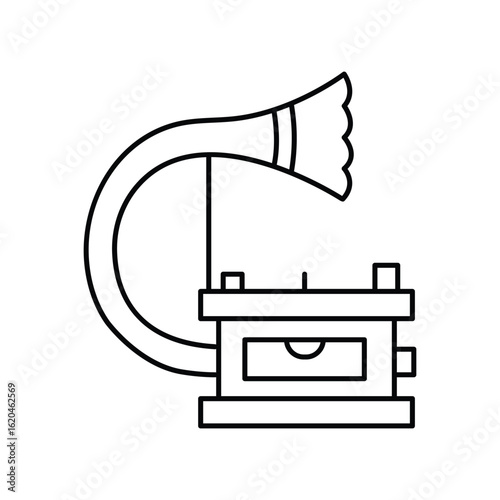 Vintage gramophone music player icon vector illustration for retro audio device with antique horn speaker and classic sound equipment design.