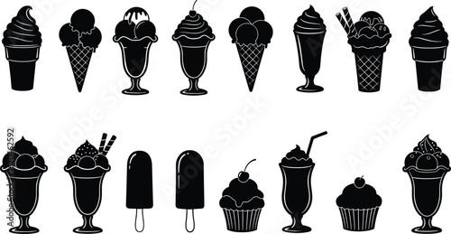 Ice cream silhouette vector collection, dessert and popsicle clipart set, sweet treat graphic icons for menu design, food packaging, bakery branding, and digital artwork