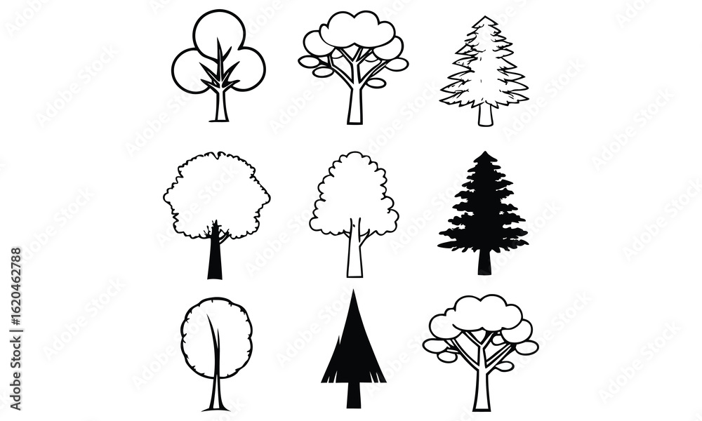 Fototapeta premium Variety of trees in line art style.
