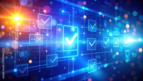 A digital abstract image with glowing checkmarks and interconnected lines, symbolizing data verification, technology, and secure digital processes.