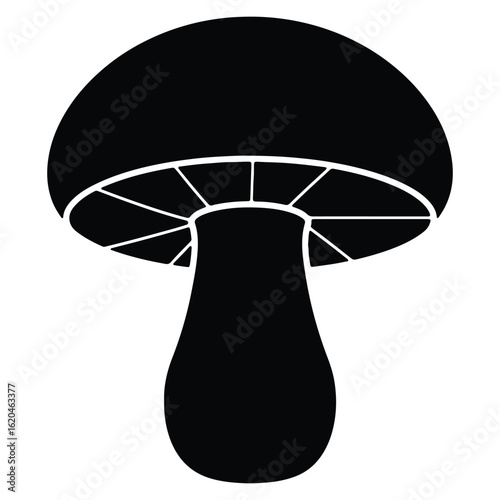 Simple black and white illustration of a classic mushroom with detailed gills design