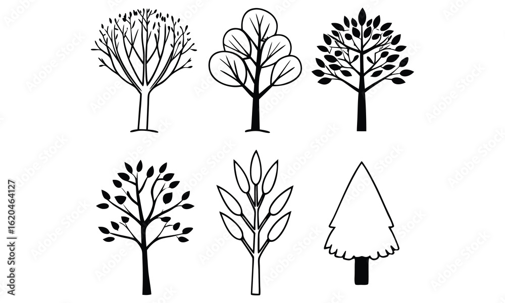 Fototapeta premium Variety of trees in line art style.