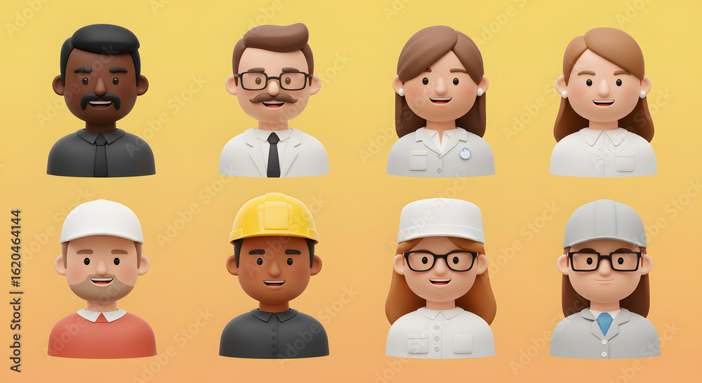 Fototapeta premium Collection of diverse 3D professional character busts with friendly expressions.