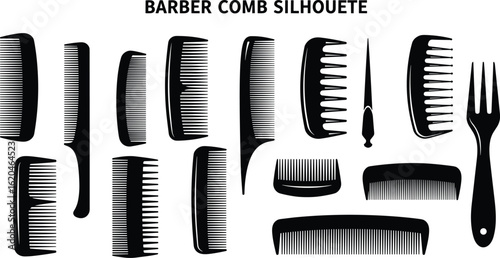 Barber comb silhouette vector collection, hair styling tools clipart, professional grooming combs for salon, hairstyle accessories, barbershop illustrations, editable design for printing