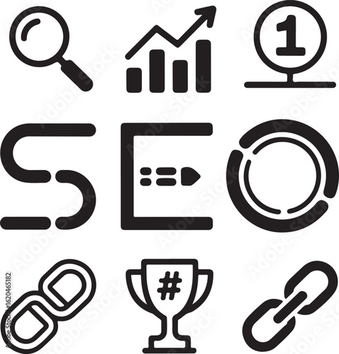Seo, icon, set, digital, marketing, silhouette, vector, black, isolated, illustration, design, search, engine, optimization, business