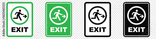 Emergency exit sign set. Man running out fire exit. Running man and exit door sign. Escape help evacuation. Safety vector symbol.