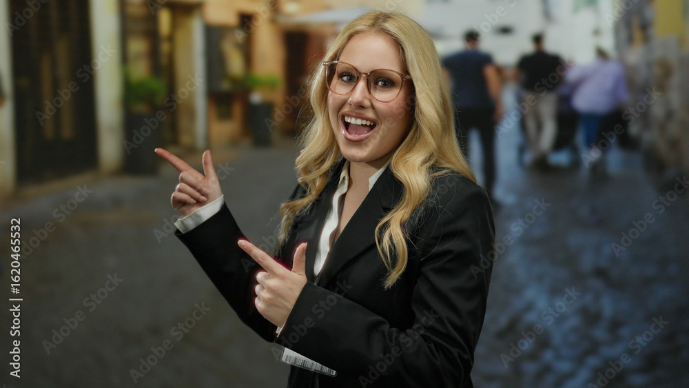 Fototapeta premium Woman smiling and pointing on a cobblestone street in a city with blonde hair and wearing glasses outdoors during daylight showcasing urban environment and fashion.