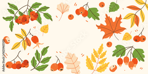 Horizontal banner with autumn berries and leaves on a light background