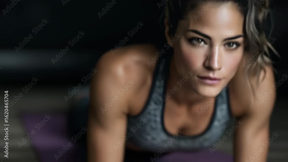 Focused woman performing plank exercise on yoga mat Focused woman performing plank exercise on yoga mat
