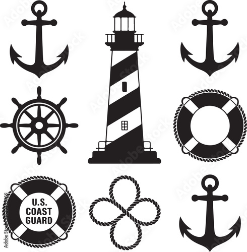 Nautical Icons Anchor Lighthouse Ship Wheel Lifebuoy Rope