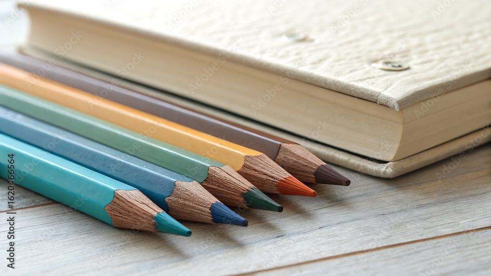 Obraz premium A collection of colored pencils arranged next to a closed book on a wooden surface