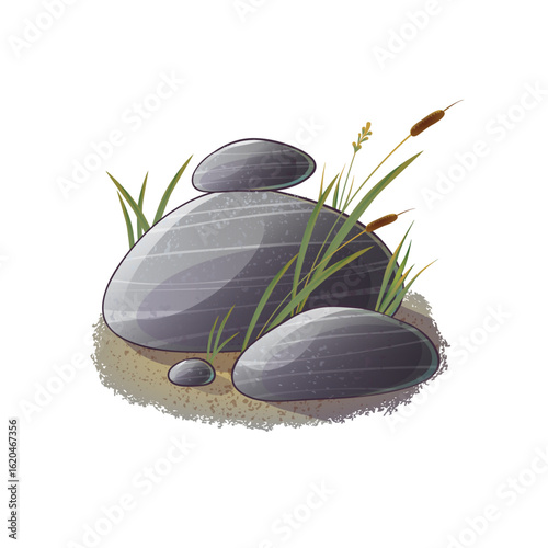  vector illustration of a grey rock with grasses