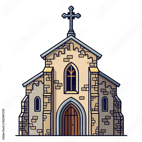 Flat design of an old Catholic church, stone walls and an old iron cross on top. Vector flat design cartoon. AI generated images.