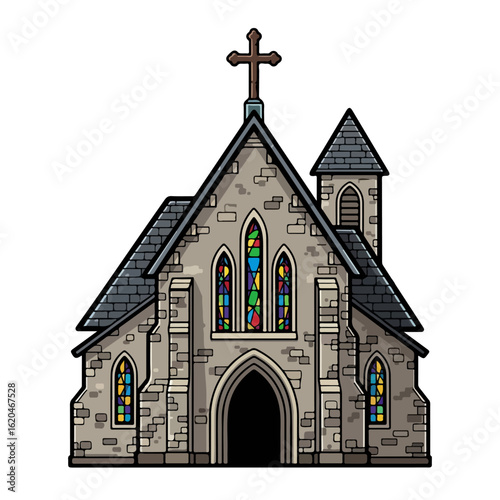Flat design of an old Catholic church, stone walls and an old iron cross on top. Vector flat design cartoon. AI generated images.