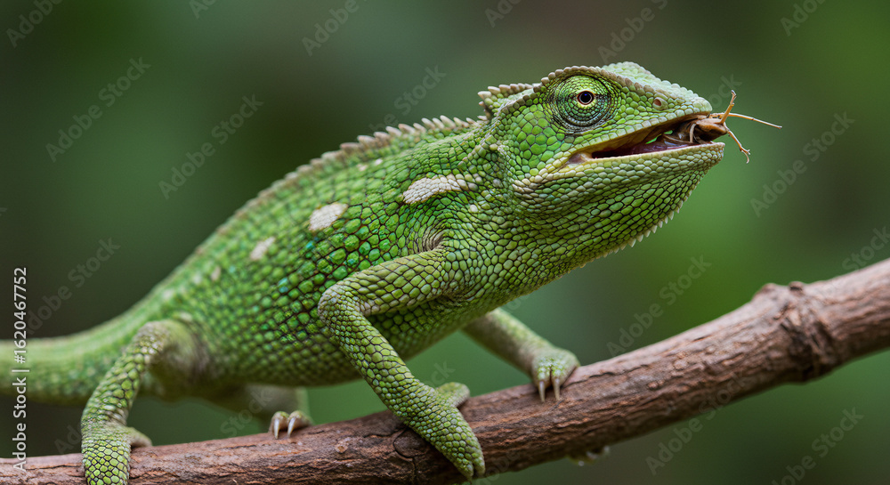 Fototapeta premium Chameleon extending its tongue to catch an insect, extreme close-up with blurred jungle background.