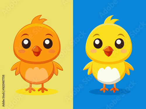 Two cute cartoon chicks side by side on colorful backgrounds