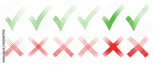 Green check mark and red cross icon set, circle and cross. Tick symbol in green color. Hand drawn checkmark and cross illustration. right and wrong