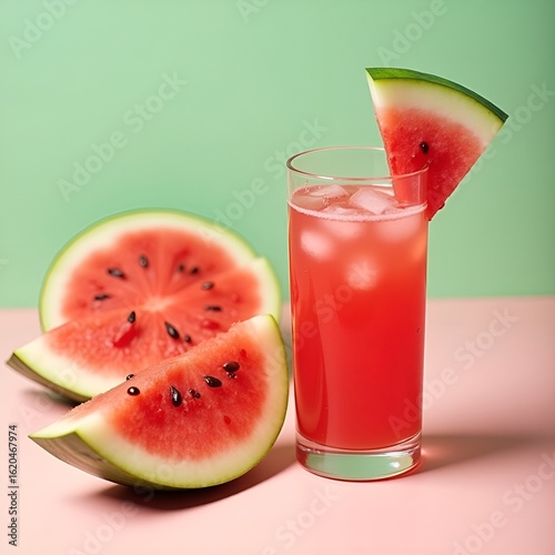 Fresh Juicy Watermelon Slices with Glass of Juice on White Background, Refreshing Summer Snack