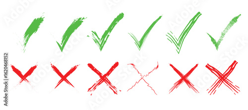 Green check mark and red cross icon set, circle and cross. Tick symbol in green color. Hand drawn checkmark and cross illustration. right and wrong