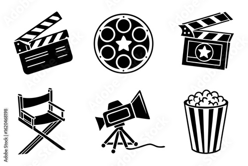 Film Industry Icons Clapperboard Film Reel Directors Chair Camera Popcorn.