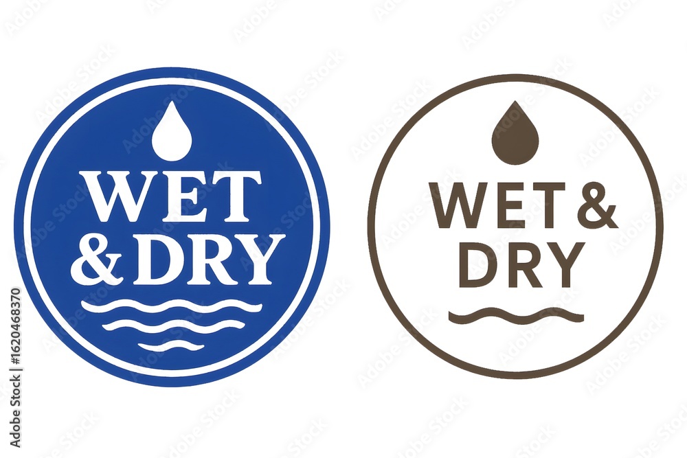 Obraz premium Wet & Dry Logo | Round Shaped Badge with Water Drop & Waves Design | Hydration and Water-Related Products Stamp,Wet & Dry stamp, Wet & Dry label, Wet & Dry badge