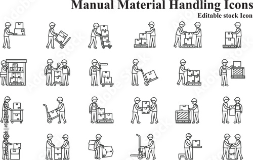 Manual Material Handling Icons Showing People Lifting and Moving Boxes manual labor logistics