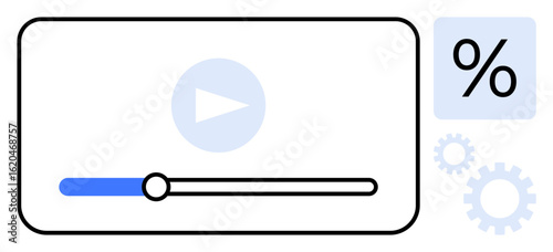 Video player with control bar, play button, percentage symbol, and gear icons representing data, progress, customization. Ideal for analytics, media, design streaming productivity education