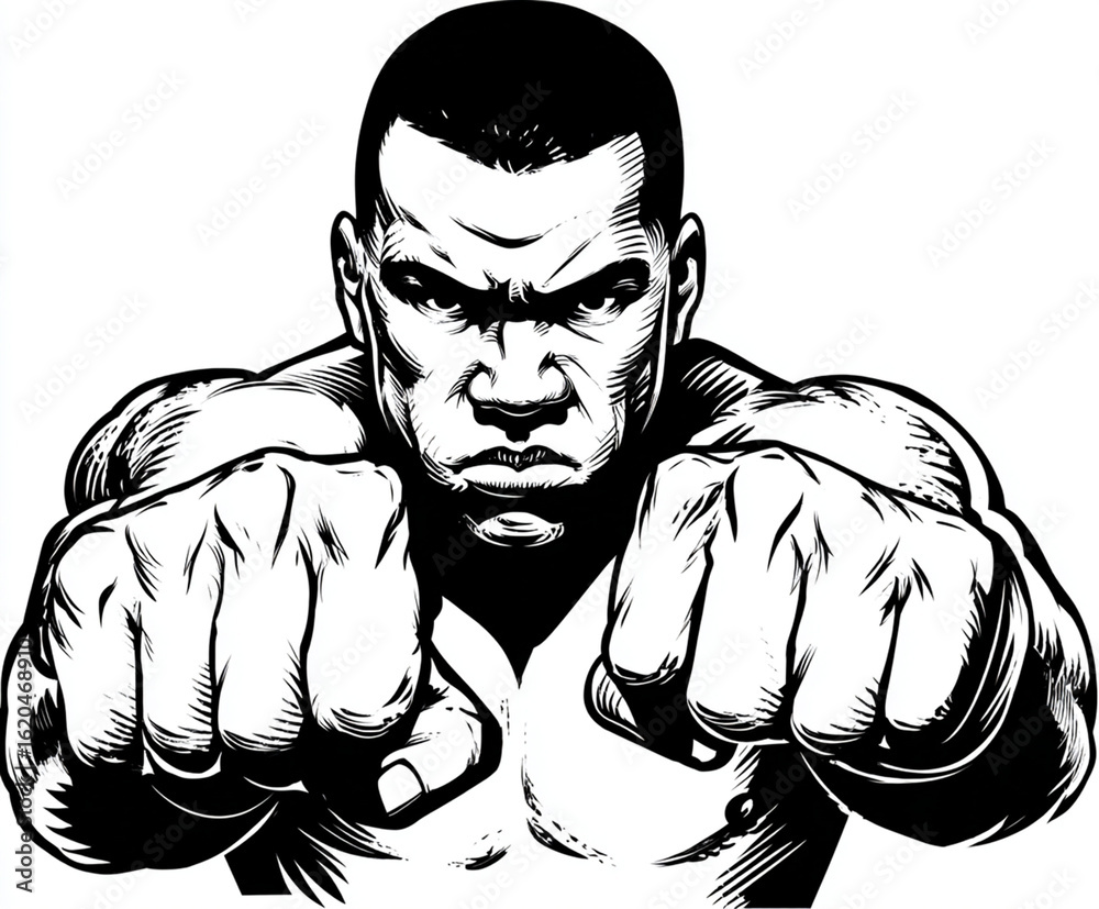 Fototapeta premium A front-facing boxer mascot vector with strong jawline and clenched fists